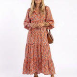 Aneta | Geometric Print V Neck Tiered Midi Dress
