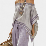 Zdenička | Elegant Off-Shoulder Top & Wide-Leg Striped Pants
