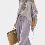 Zdenička | Elegant Off-Shoulder Top & Wide-Leg Striped Pants