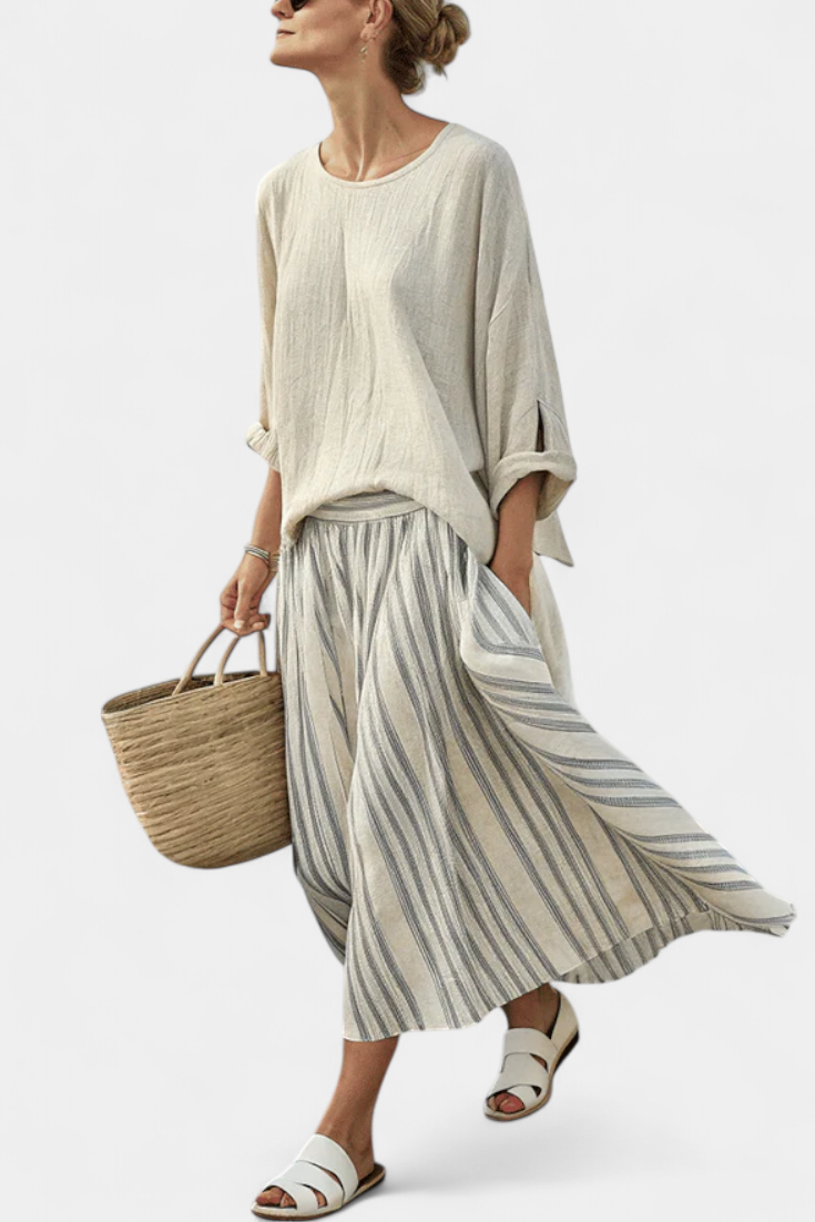 Daniela | Comfortable Loose Blouse & Striped Midi Skirt