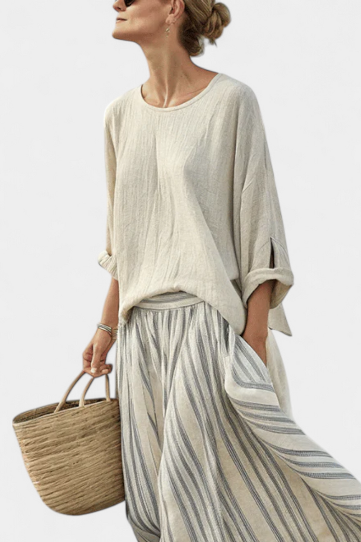 Daniela | Comfortable Loose Blouse & Striped Midi Skirt