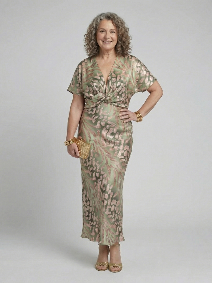 Julie | Abstract Print V Neck Twist Waist Midi Dress