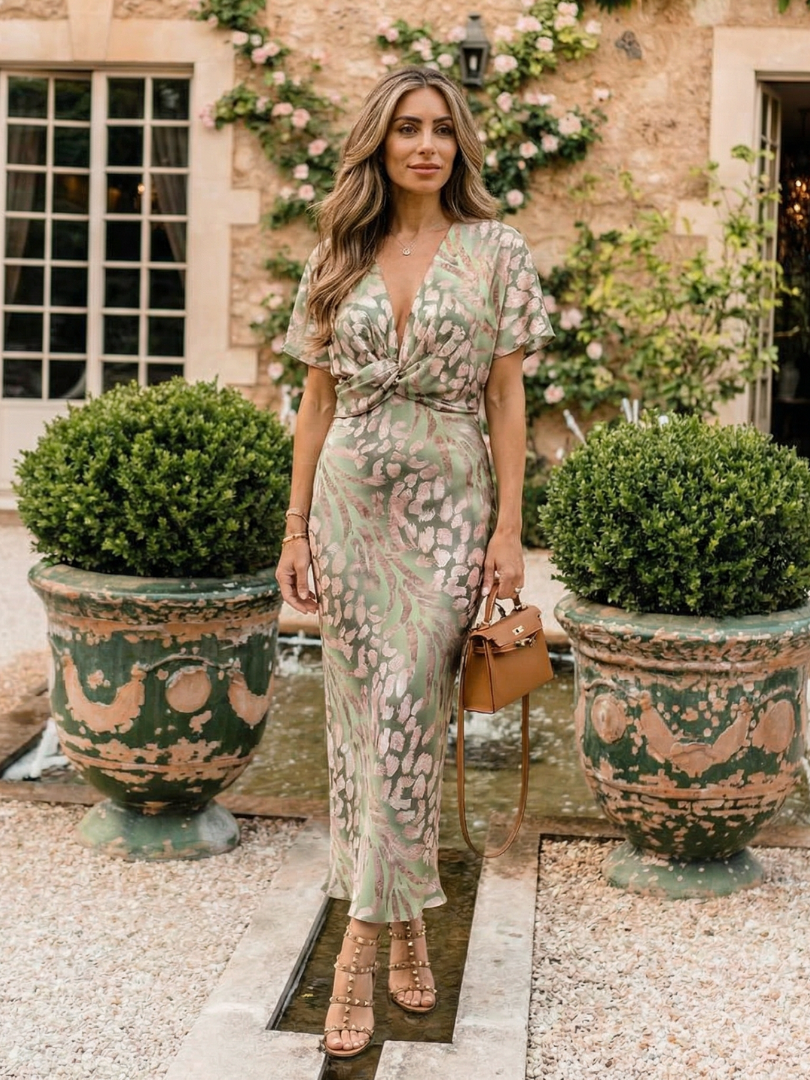 Julie | Abstract Print V Neck Twist Waist Midi Dress