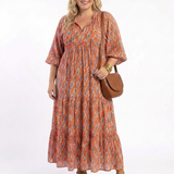 Aneta | Geometric Print V Neck Tiered Midi Dress