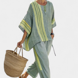 Nikola | Elegant Lavender Top & Mustard Striped Pants