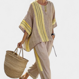 Nikola | Elegant Lavender Top & Mustard Striped Pants