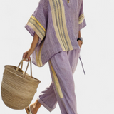Nikola | Elegant Lavender Top & Mustard Striped Pants