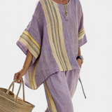 Nikola | Elegant Lavender Top & Mustard Striped Pants