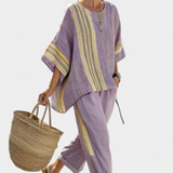 Nikola | Elegant Lavender Top & Mustard Striped Pants