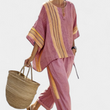 Nikola | Elegant Lavender Top & Mustard Striped Pants