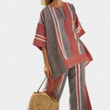 Ilona | Elegant Coral-Gray Linen Top & Wide-Leg Pants