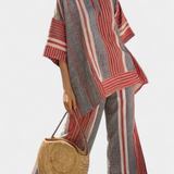 Ilona | Elegant Coral-Gray Linen Top & Wide-Leg Pants