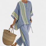 Nikola | Elegant Lavender Top & Mustard Striped Pants