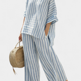 Otýlie | Sophisticated Blue Striped Linen Top & Relaxed Pants