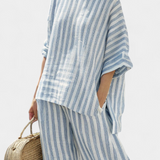 Otýlie | Sophisticated Blue Striped Linen Top & Relaxed Pants