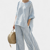 Otýlie | Sophisticated Blue Striped Linen Top & Relaxed Pants