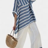 Klára | Sophisticated Blue Striped Top & Hem-Detailed Pants