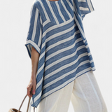 Klára | Sophisticated Blue Striped Top & Hem-Detailed Pants