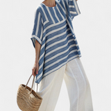 Klára | Sophisticated Blue Striped Top & Hem-Detailed Pants