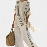 Amálie | Elegant Ivory Linen Blouse & Black Striped Pants