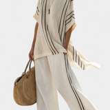 Amálie | Elegant Ivory Linen Blouse & Black Striped Pants