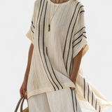 Amálie | Elegant Ivory Linen Blouse & Black Striped Pants