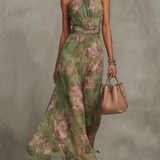 Florencia | Vestido Maxi Halter de Chifón Floral Verde