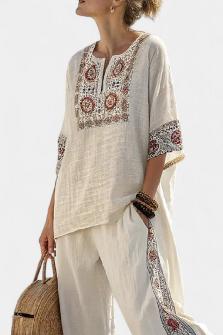 Sylva | Sophisticated Embroidered Raw Blouse & Wide Pants