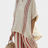 Maruška | Sophisticated Textured Red-Stripe Top & Linen Pants