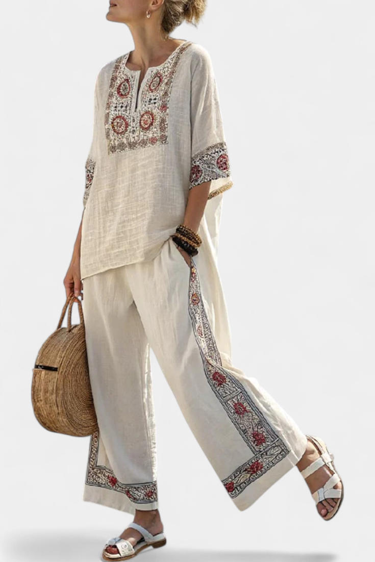 Sylva | Sophisticated Embroidered Raw Blouse & Wide Pants