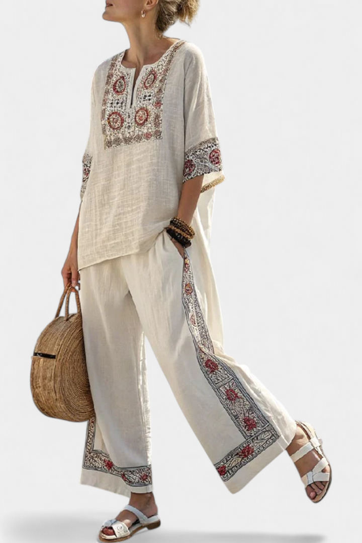 Sylva | Sophisticated Embroidered Raw Blouse & Wide Pants