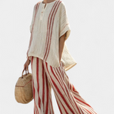 Maruška | Sophisticated Textured Red-Stripe Top & Linen Pants